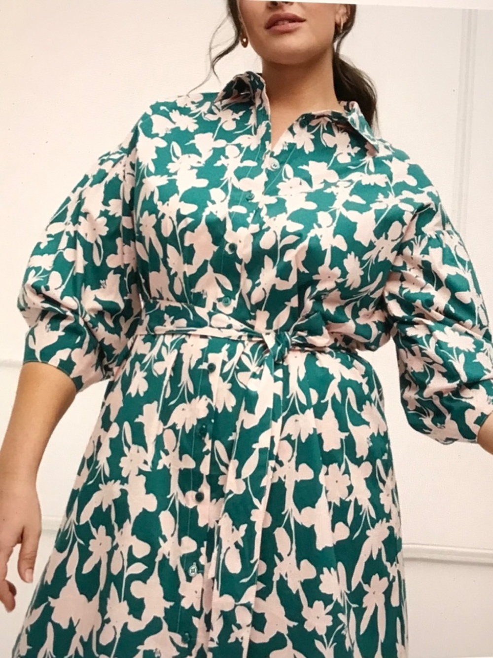 ELOQUII Cotton Blossom Print Shirt Dress with Puff Sleeves Plus Size 22 - Picture 2 of 16